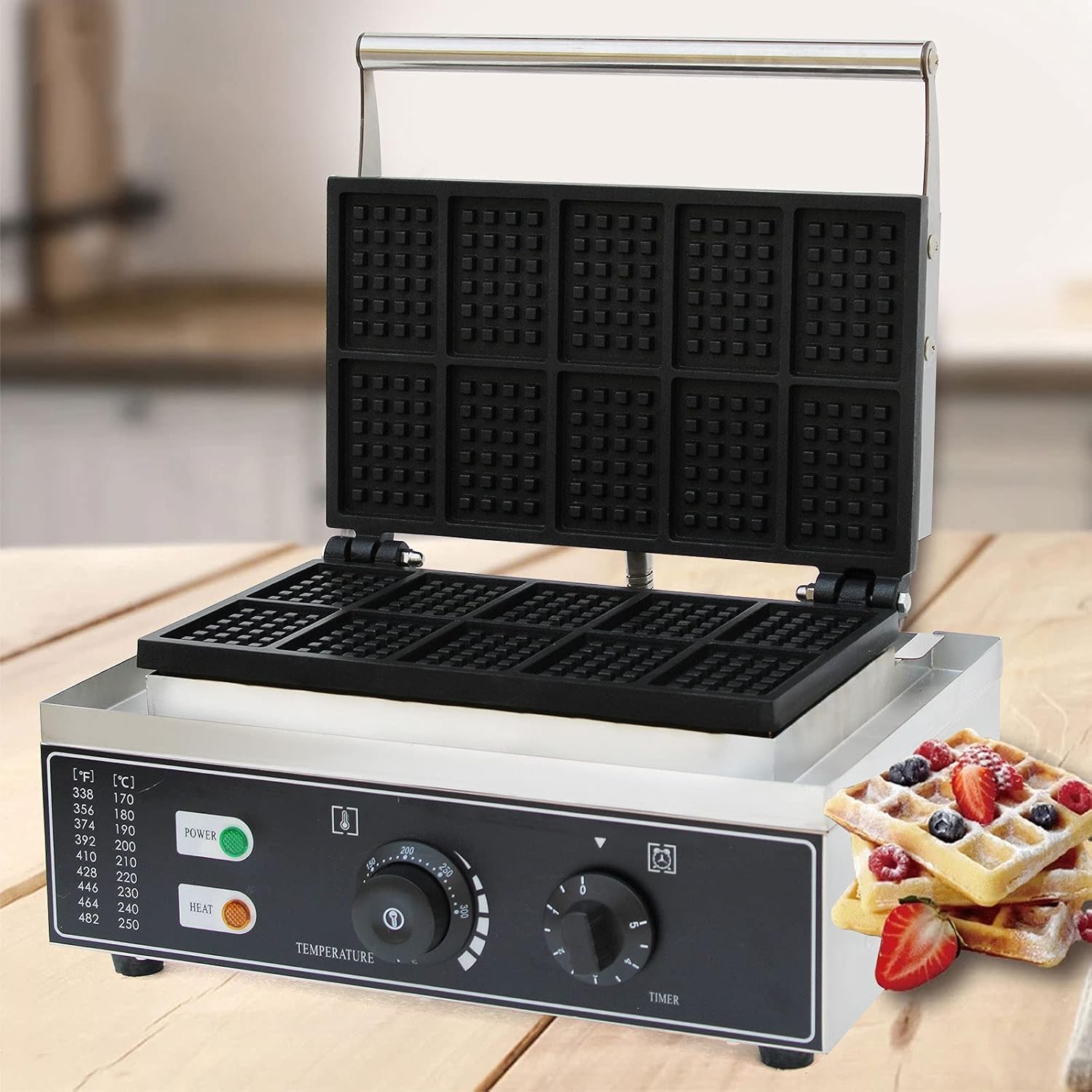 Waffle Maker, 110V 1500W Commercial Waffle Maker Electric Stainless Steel Rotatable Double-Head Heating Waffle Making for Tea Shops, Snack Bars, Dessert Shops (10 Grids 110V 1500W)