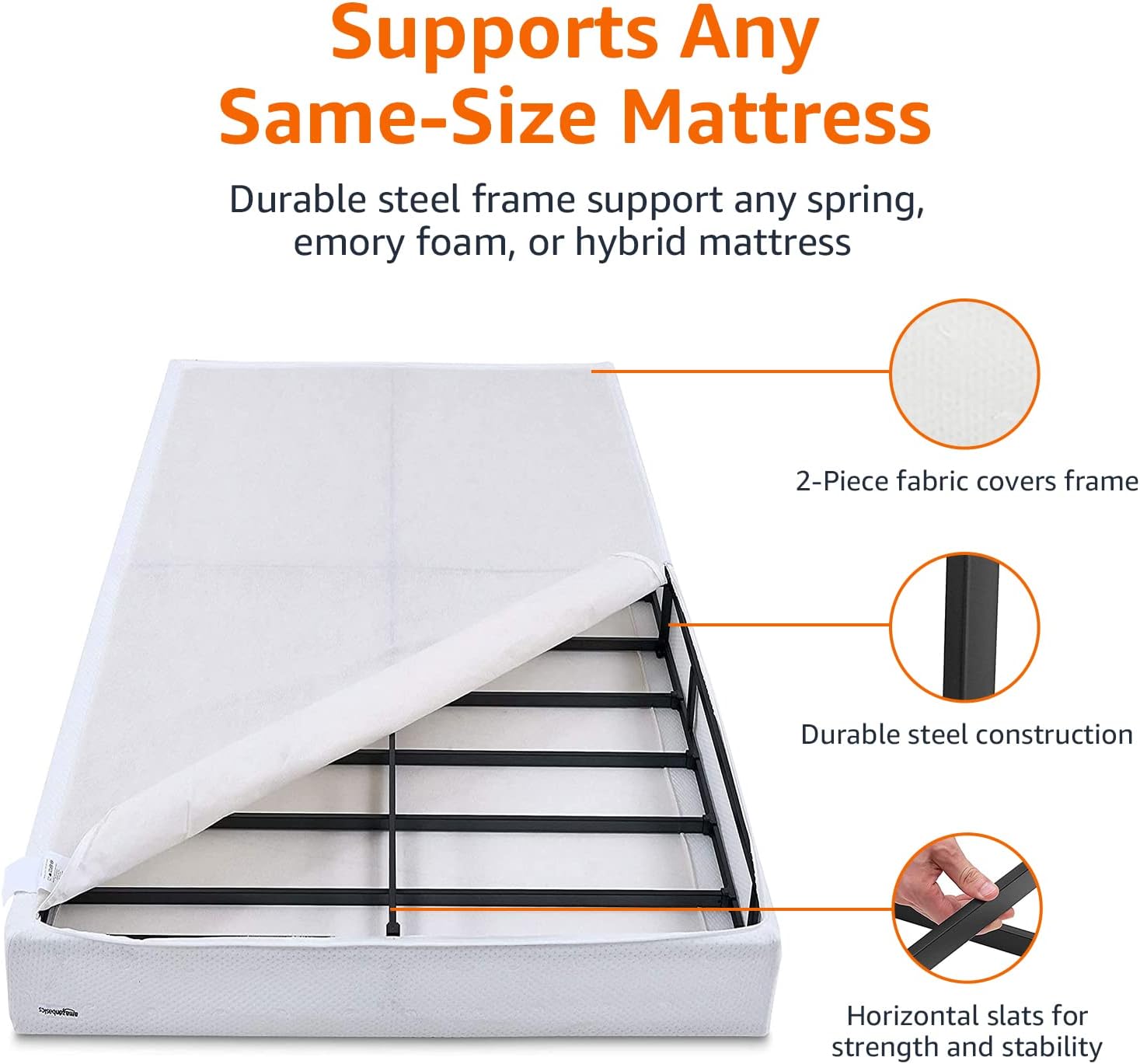 Amazon Basics Smart Box Spring Bed Base, 5-Inch Low Profile Height Mattress Foundation, Sturdy Durable Steel Support, Tool-Free Easy Assembly, Queen, 79' x 59.5' x 5', White