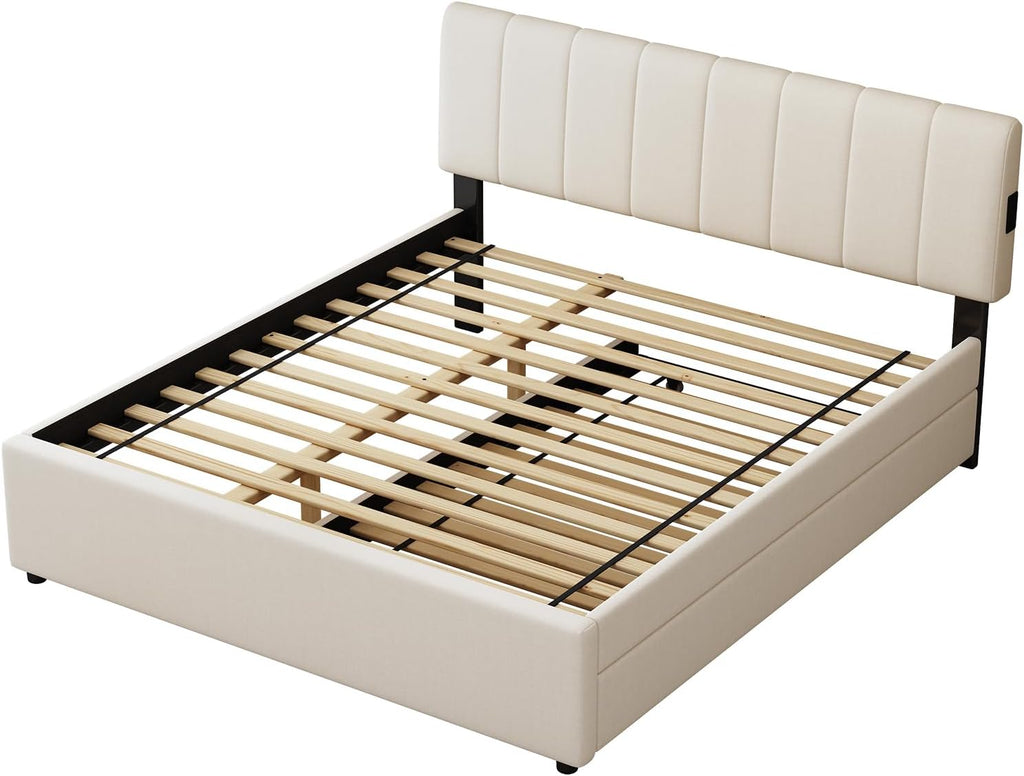 Queen Size Upholstered Platform Bed with Trundle and USB/Type-C Charging, Chenille Fabric Full and Twin Double Bed w/LED Lights with APP for Bedroom,Beige
