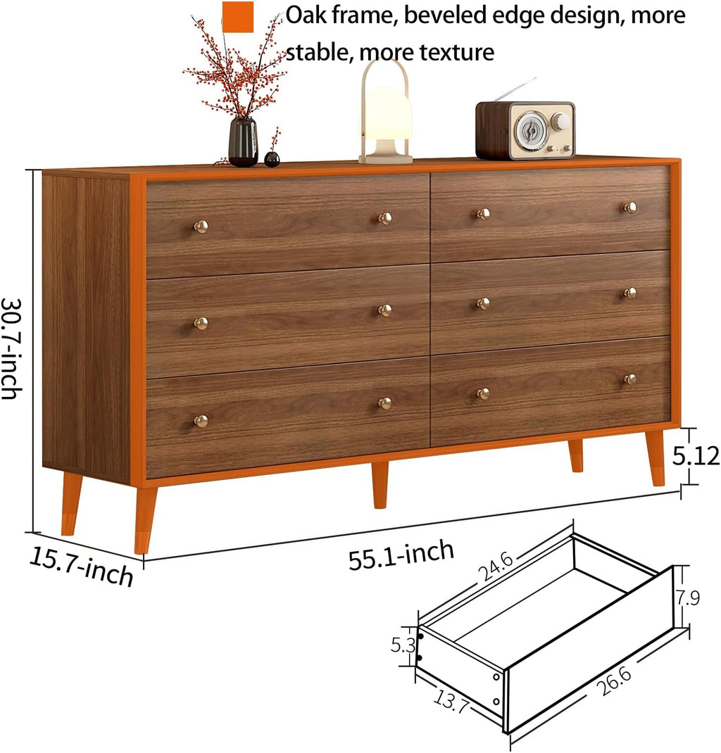 Messenya 6 Drawer Dresser for Bedroom, 55 Inch Walnut Dresser for Closet, Mid Century Wood Chest of Drawers with Natural Texture & Pre-Embedded Slots for TV Stand, Living Room, Hallway, Office
