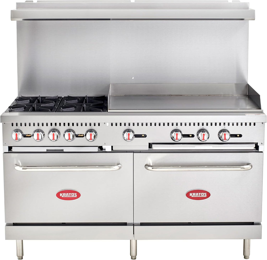 Kratos Commercial Gas Range, 60' Wide with 36' Griddle, 4 Burners, and 2 Standard Ovens, Natural Gas (29Y-171-NAT)