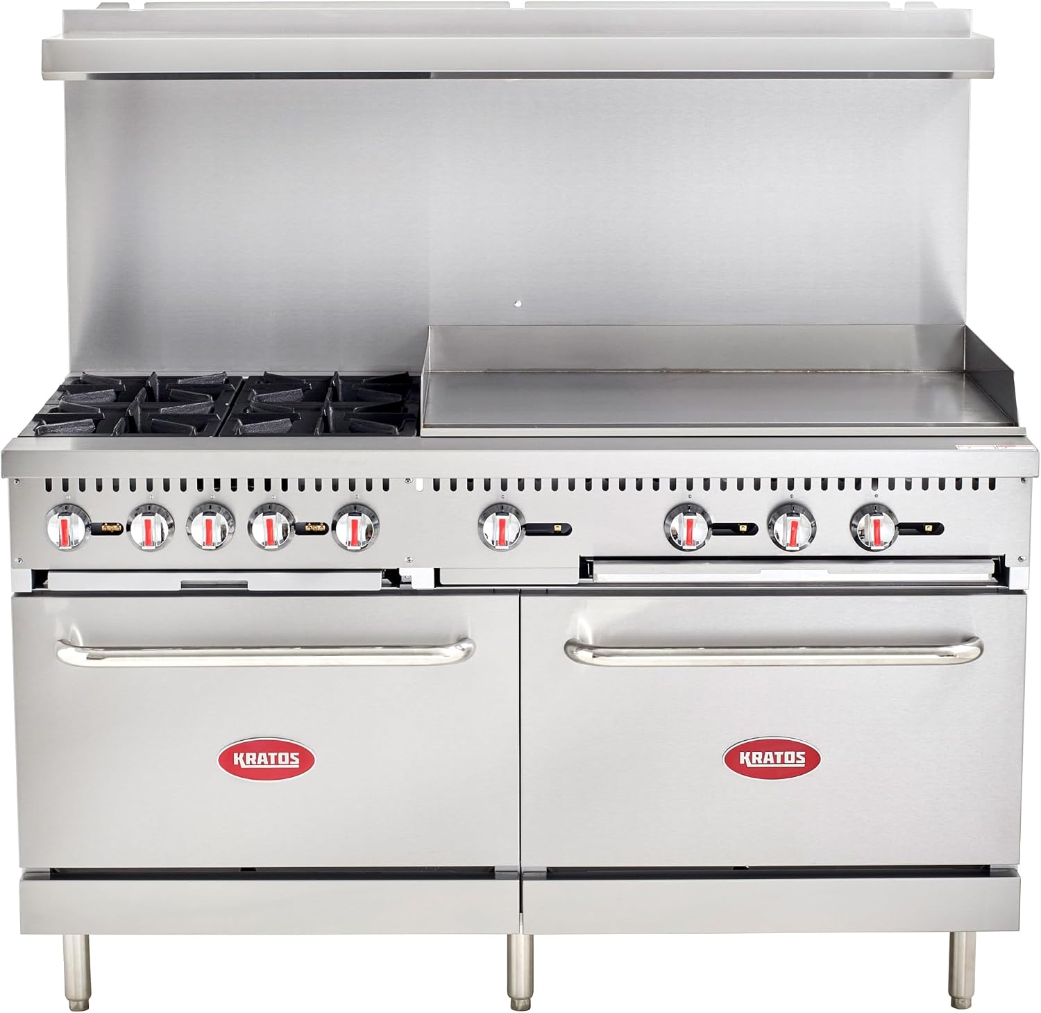 Kratos Commercial Gas Range, 60' Wide with 36' Griddle, 4 Burners, and 2 Standard Ovens, Natural Gas (29Y-171-NAT)
