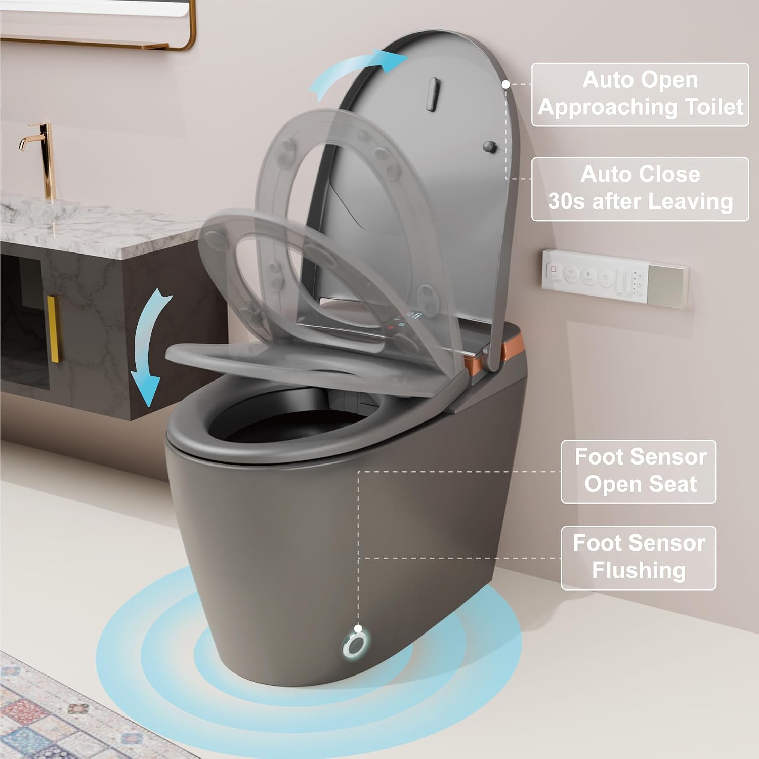 Smart Toilet - Auto Open/Close, One Piece Elongated Design, LED Display Comfort Height Toilet, Foot Sensor Flush, Auto Flush System, Heated Seat, Night Light for Modern Bathroom