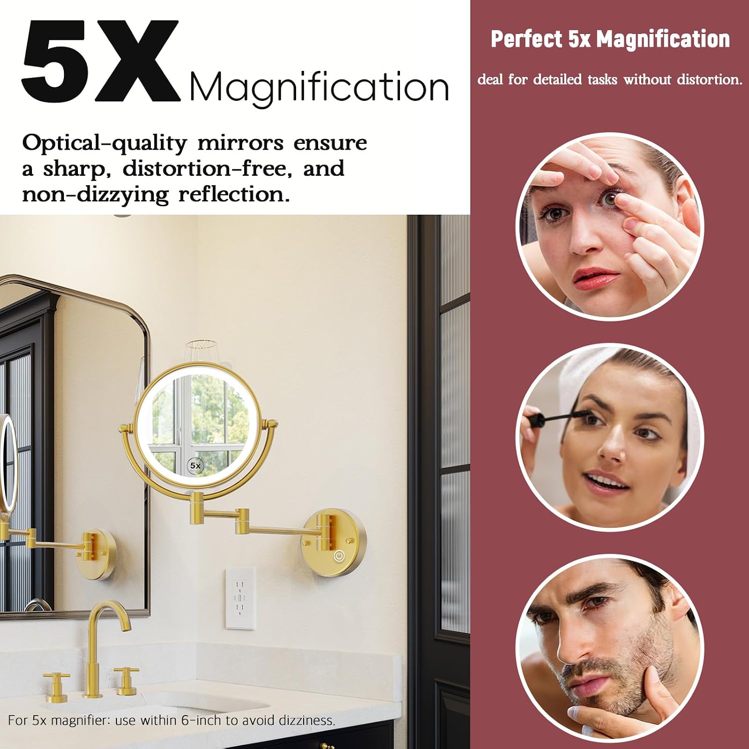 Rechargeable Wall Mount Makeup Mirror Gold for Bathroom, Upgraded Brightness 3 Colors LED Dimmable 360 Rotation Wall-Fixed Ergonomically 1X/5X Magnifying Mirror with Swing Arm, Brushed Gold