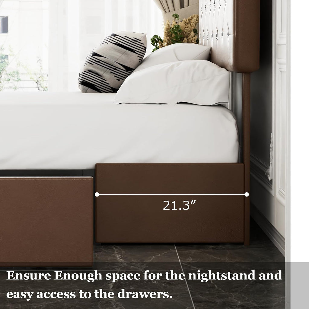 VECELO Full Size Bed Frame with 3 Storage Drawers, Leather Upholstered with Diamond Tufted Headboard, Solid Wood Slat Support & Steel Framework, PU & Brown