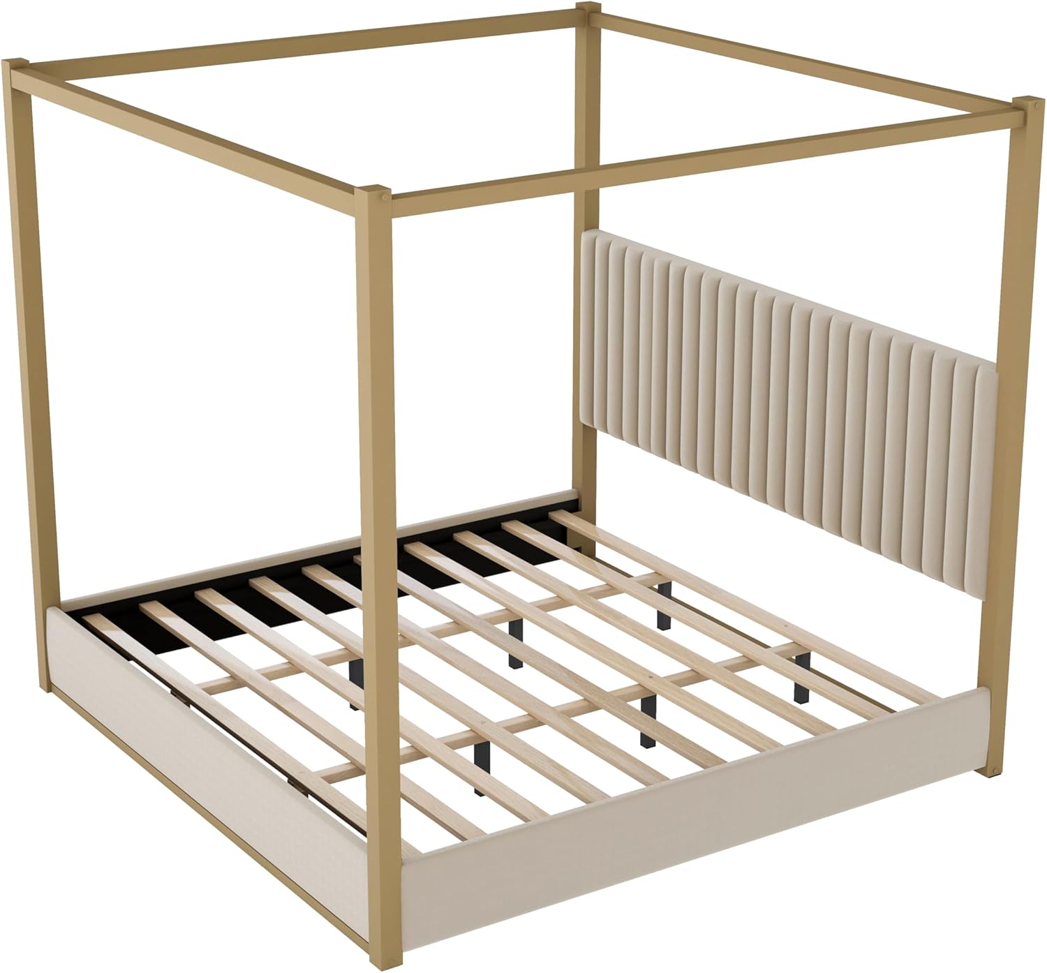 King Size Canopy Bed with Upholstered Headboard, 4-Poster Bed Frame with Metal Frame for Bedroom (Beige, King)