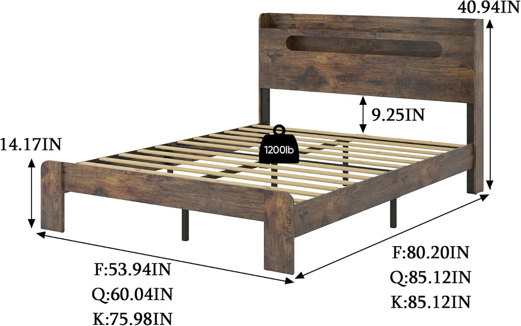 Bellemave Rustic Vintage Full Size Bed Frame with Storage Headboard and Charging Station,Wooden Platform Bed Frame Full Size with LED Lights and Wood Slats,Easy Assembly,Dark Brown