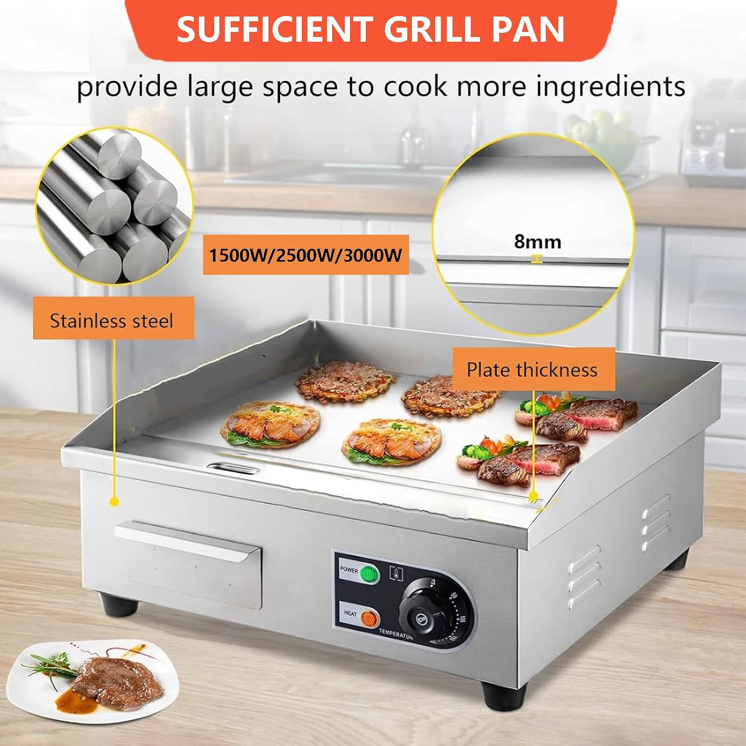 Commercial Electric Griddle with 2 Frying Spatula, Stainless Steel Teppanyaki Grill 50-300℃ Countertop Griddle, Nonstick Barbecue Hot Plate for Grilling Bacon, ，1500W
