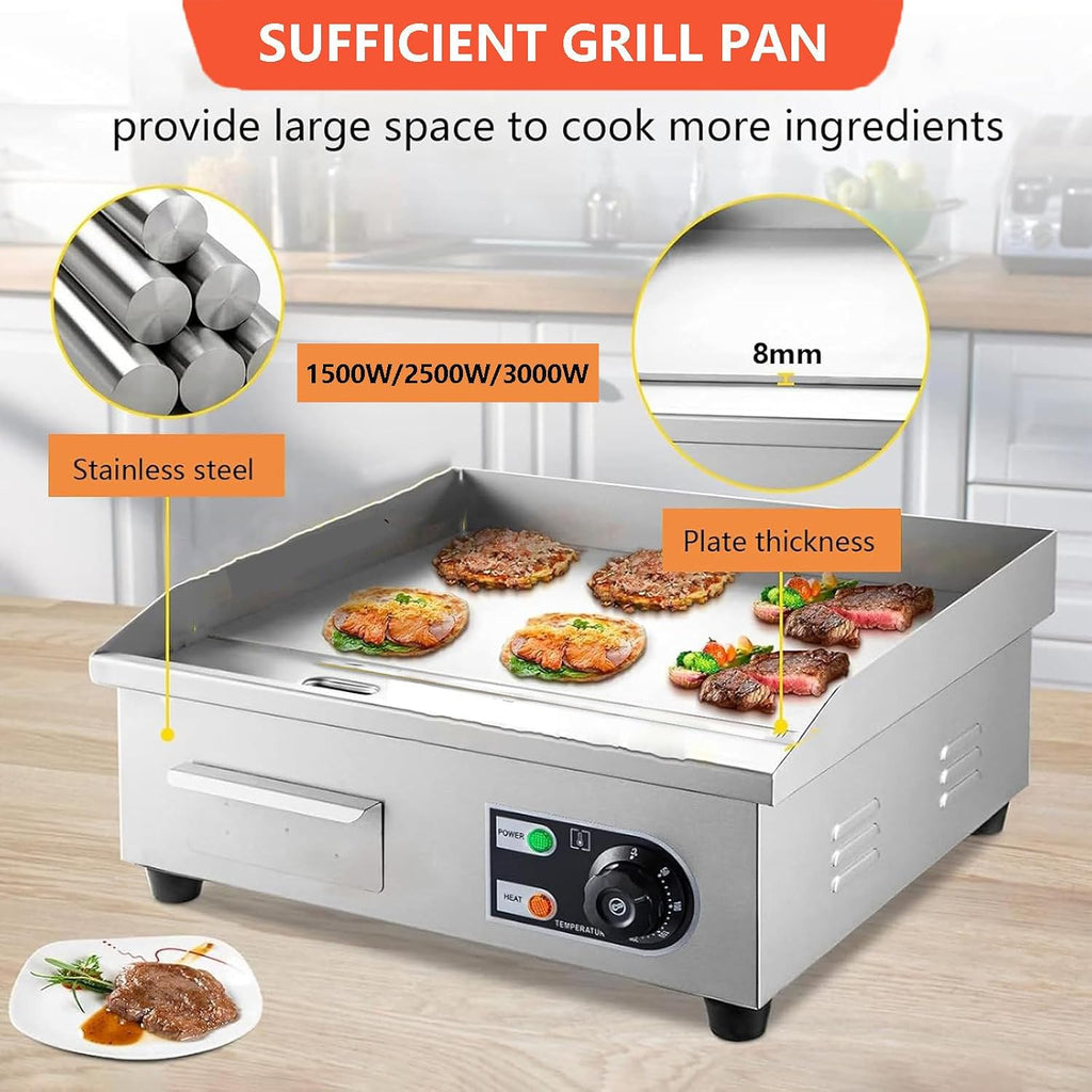 Commercial Electric Griddle, Electric Teppanyaki Grill + 4 Frying Spatula, Stainless Steel Burger Bacon Grill Plate, Electric Griddle and Warmer, w/Temperature ，1500W