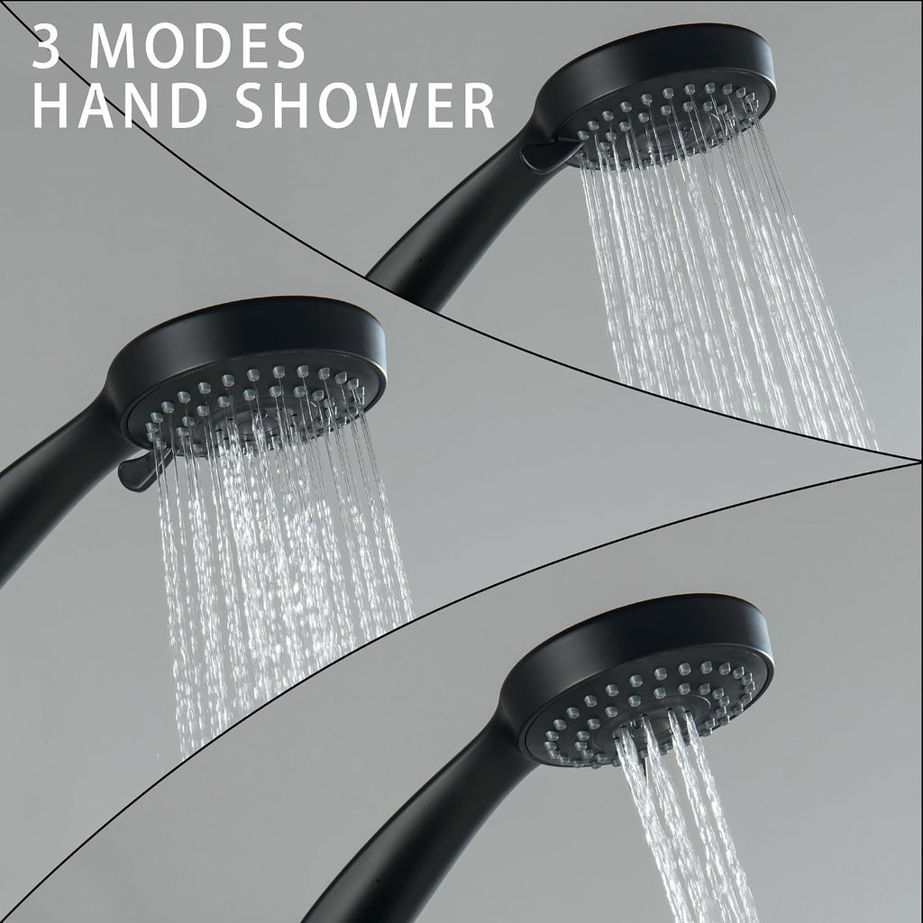 LIWEIKE 3 Handle Tub Shower Faucet Set Matte Black Three Knob Shower Faucet with Tub Spout and Adjustable Extension Shower Arm Roug-in Valve