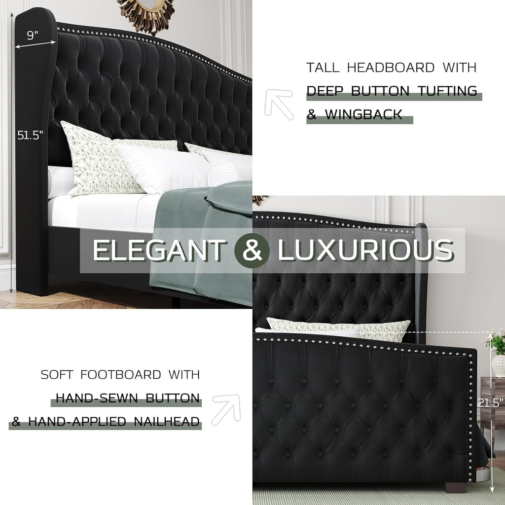 LUXOAK California King Platform Bed Frame, Velvet Upholstered Bed Frame with Wingback Headboard Handmade, Button Tufted & Nailhead, Wooden Slats Support, Black