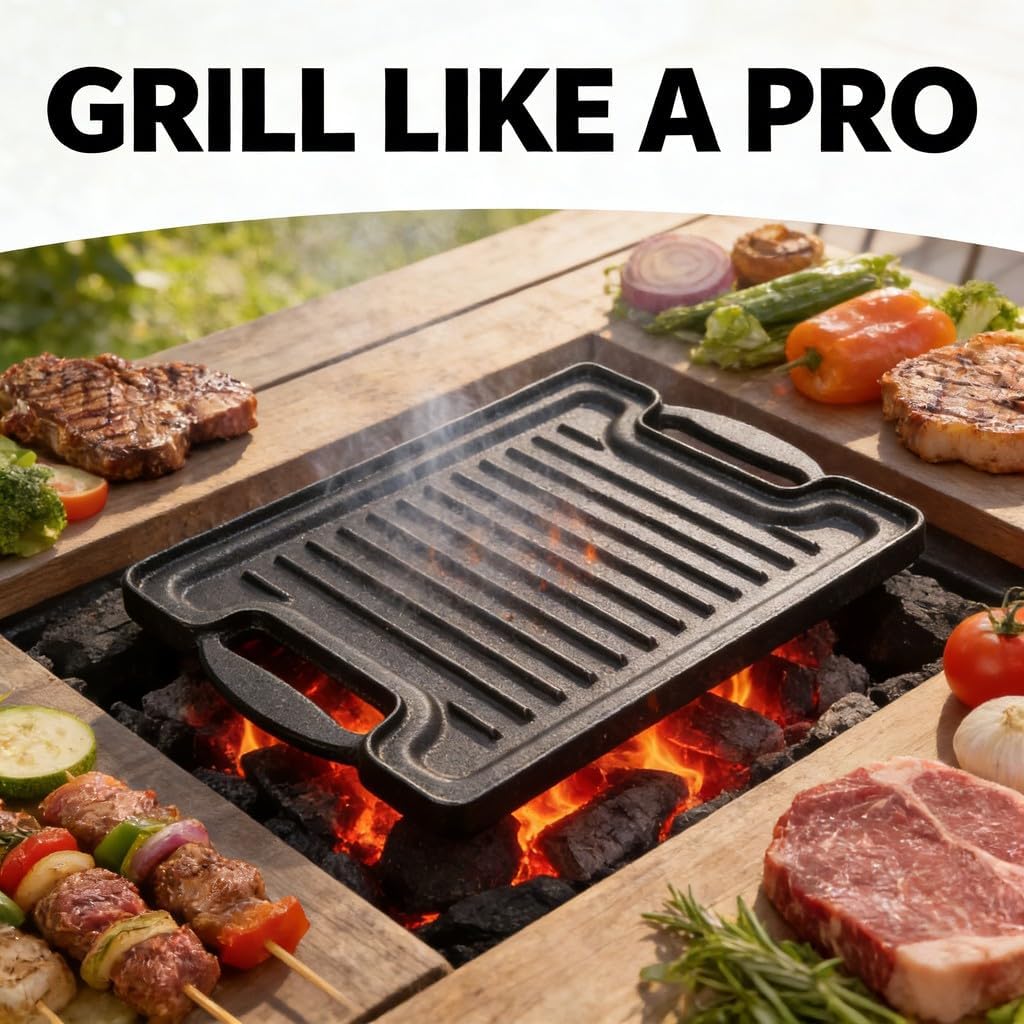 Cast Iron BBQ Grill Plate Rectangular, Thickened Even Heating Griddles for Meats Vegetables - Durable Heat, Multipurpose Cooking, Ideal for Outdoor and Indoor Use
