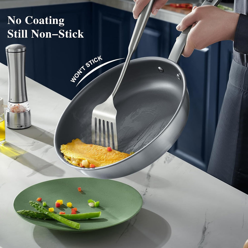 KOBACH 11-Inch Titanium Uncoated Pan, Nonstick Frying Pan with Lid – Stainless Steel Base Skillet, Dishwasher & Oven Safe, Induction Compatible, Non-Toxic & Easy to Clean Titanium Cookware