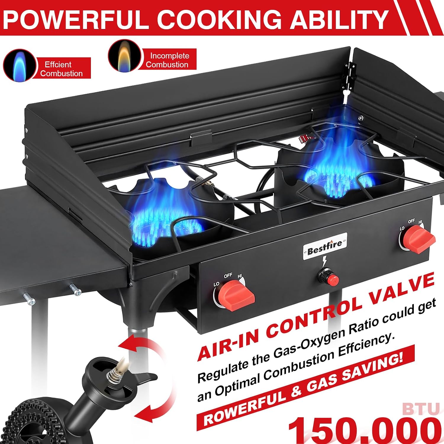 Bestfire 2 Burner Camping Stove with Windscreen& Side Shelves, Bag, Auto Ignition Button,Regulator,150,000 BTU High Pressure Camping Stove Propane Burner With Removable Legs for Outdoor BBQ&Backyard