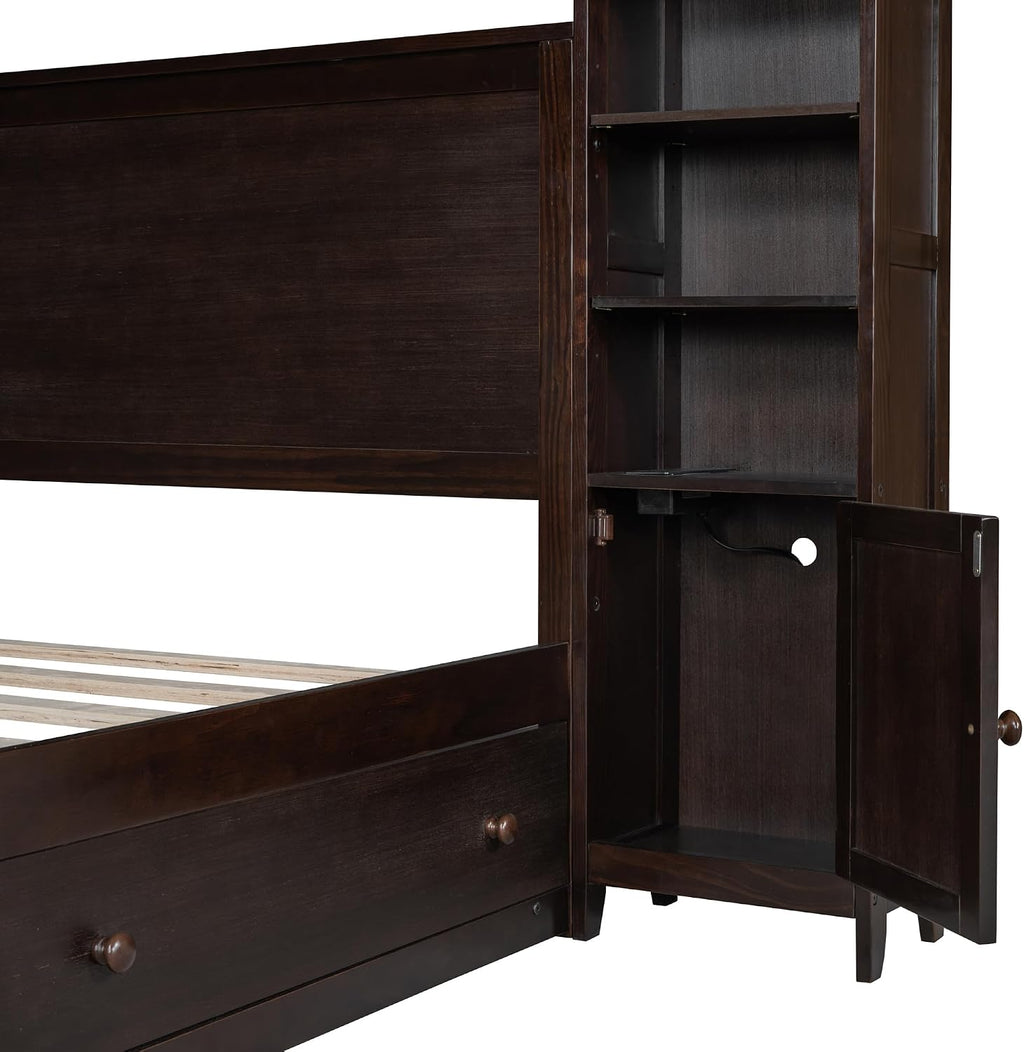 Harper & Bright Designs Queen Storage Bed with Bookcase Headboard, Queen Size Platform Bed with 4 Storage Drawers, Solid Wood Queen Bed Frame with Cabinet and Shelf, No Box Spring Needed (Espresso)