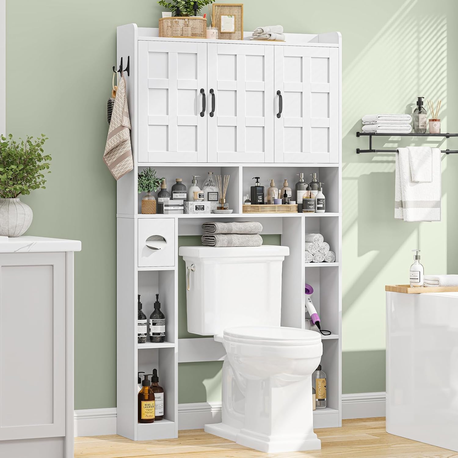 Vabches Over The Toilet Storage Cabinet,Farmhouse Bathroom Organizer with 3 Barn Doors & Adjustable Storage Shelf,Space-Saving Toilet Rack with Toilet Paper Holder Stand for Restroom, Laundry, White
