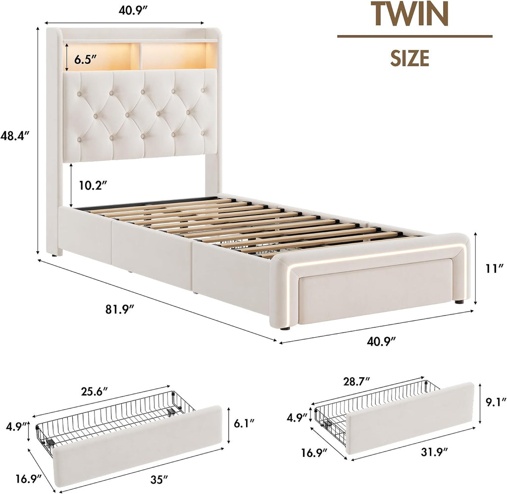 Twin LED Bed Frame with Storage Headboard & Charging Station, Velvet Fabric Platform Bed Frames with 3 Drawers, Button Tufted Upholstered, No Box Spring Needed, Noise Free, Beige