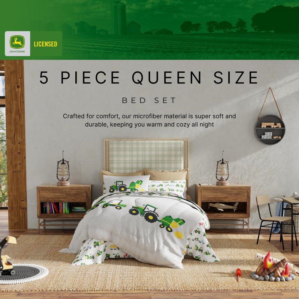 Franco Kids John Deere Farm Equipment Bedding 5 Piece Super Soft Comforter and Sheet Set, Queen, (Officially Licensed Product)