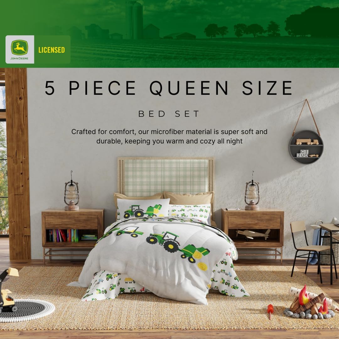 Franco Kids John Deere Farm Equipment Bedding 5 Piece Super Soft Comforter and Sheet Set, Queen, (Officially Licensed Product)