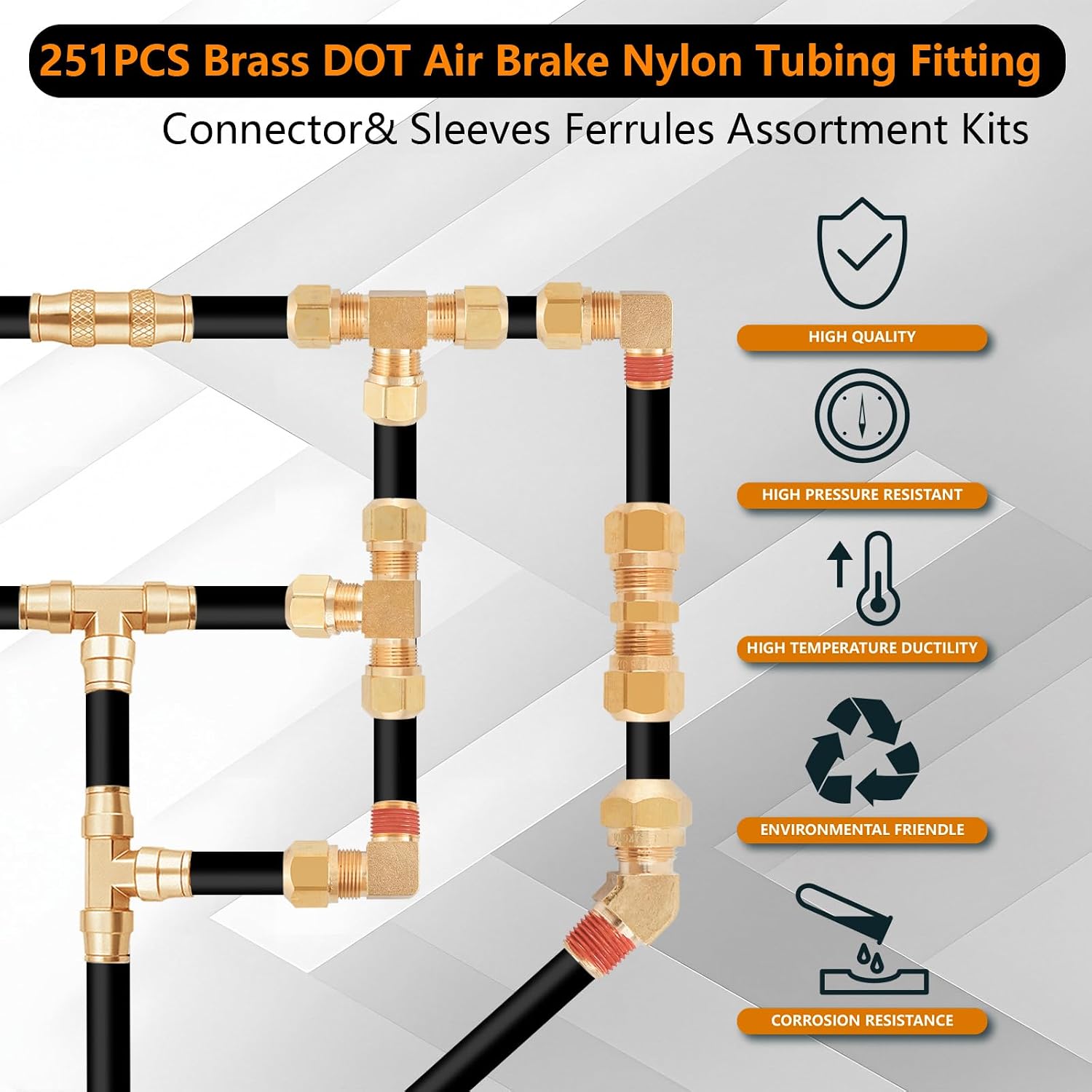 251Pcs DOT Air Line Fittings Push Lock Air Fittings & Brass Air Nylon Tube Compression Fittings Kits,1/4' 1/8' 3/8' 1/2' NPT Push To Connect Fittings Quick Connect Air Hose Fittings Assortment