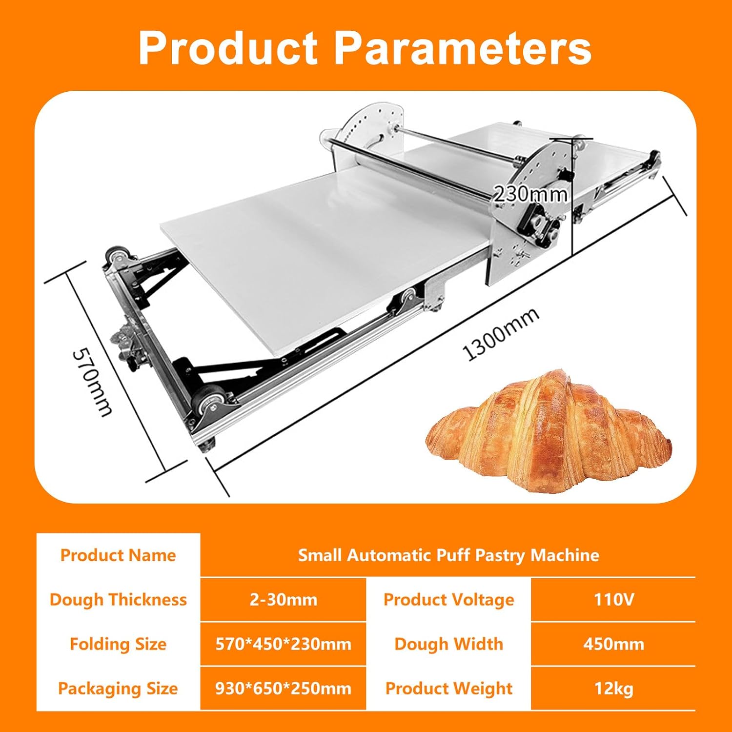 17.7' Electric Dough Roller Machine with Foldable Frame, Automatic Dough Sheeter, for Preparing Pizza Dough, Croissants, Pasta Sheets, Flaky Pastries