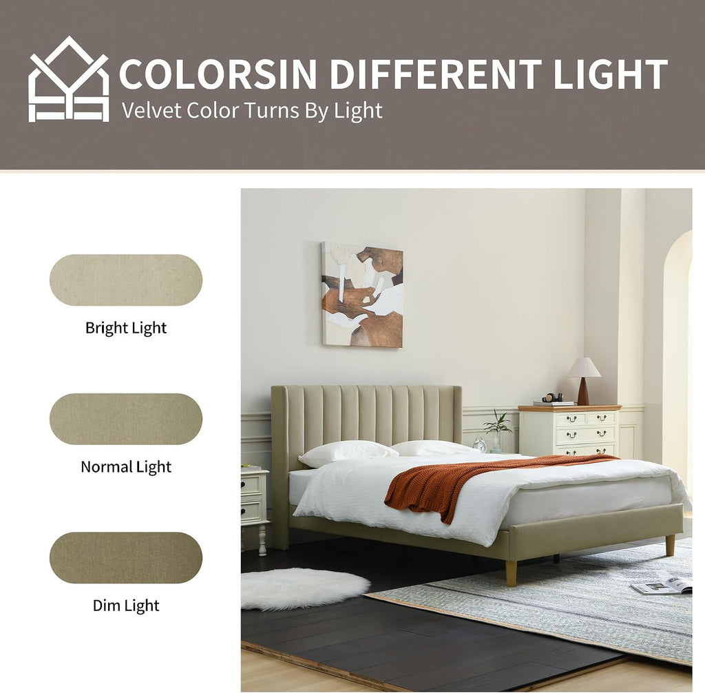 YUHUASHI upholstered Platform Bed Frame/King Bed Frame/Modern Geometric Double-Wing Design headboard/Linen Fabric/Easy to Assemble no Noise (Beige, King (U.S. Standard))