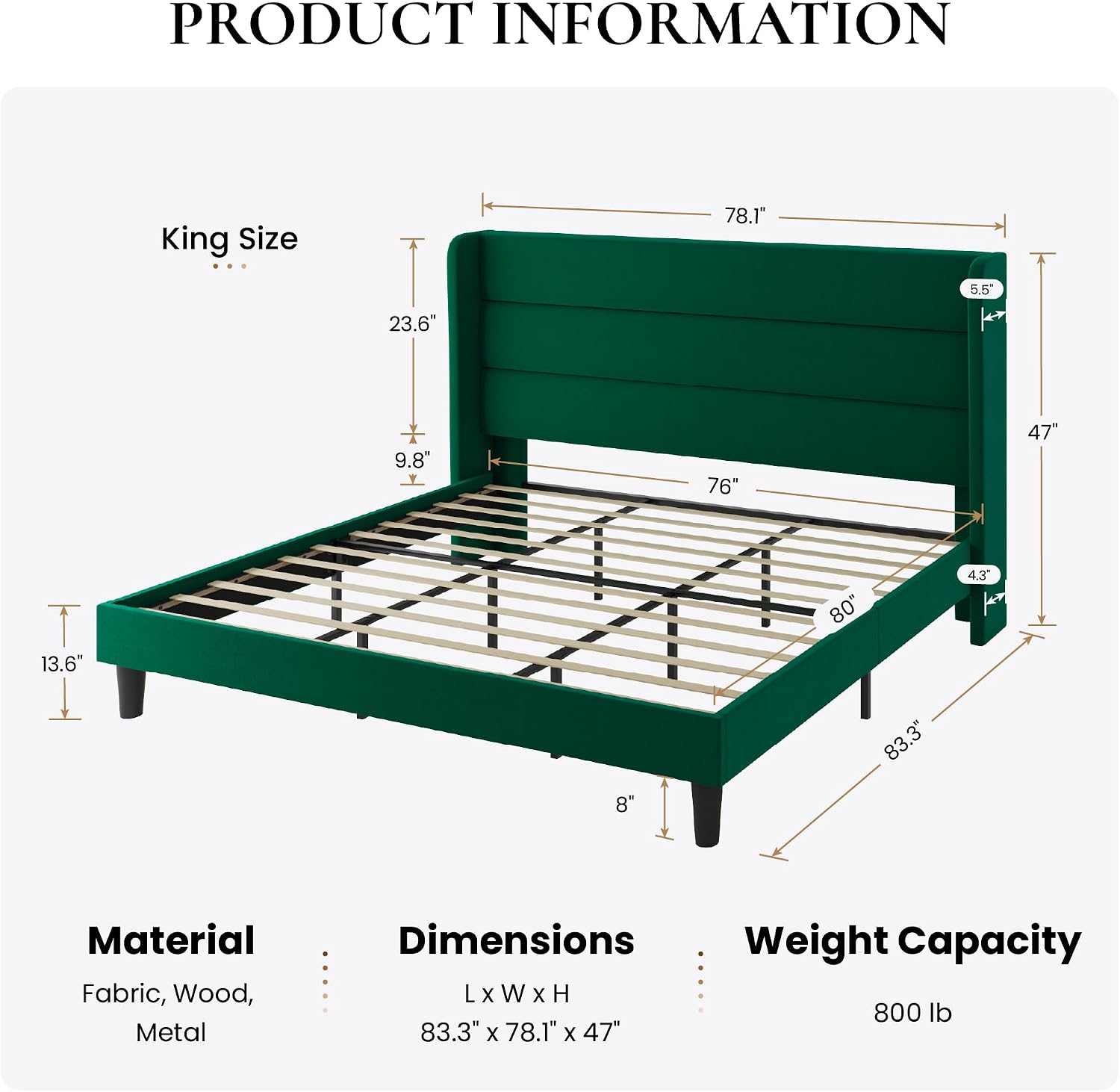 SHA CERLIN King Size Velvet Bed Frame with Wingback Headboard/Upholstered Platform Bed with Wooden Slats/Mattress Foundation/No Box Spring Needed/Easy Assembly/Green