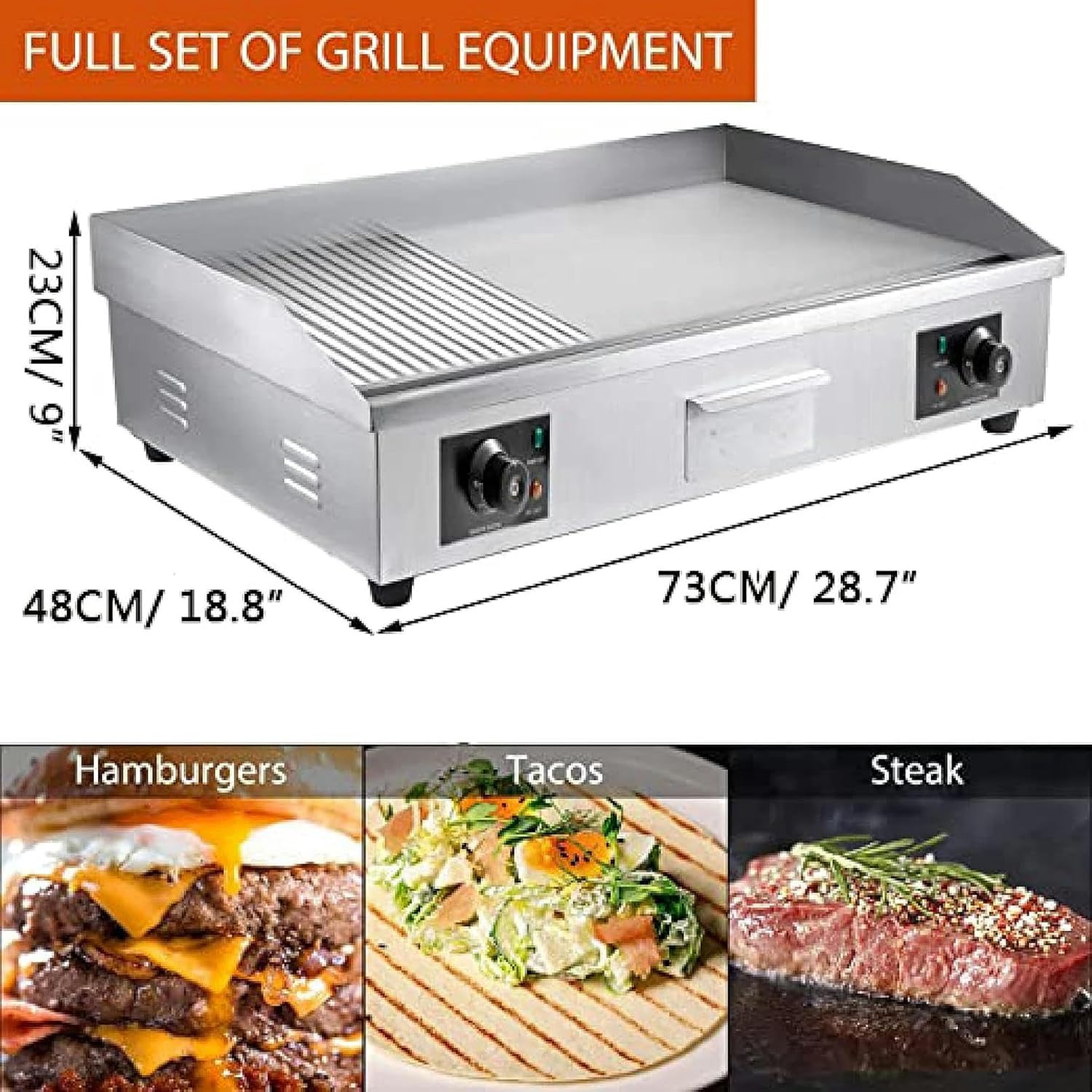 29' Commercial Electric Griddle, Half Grooved/Flat Countertop Bakeware Non-Stick Teppanyaki Stainless Steel Grill with Dual Temperature Control Button, 220V 4400W