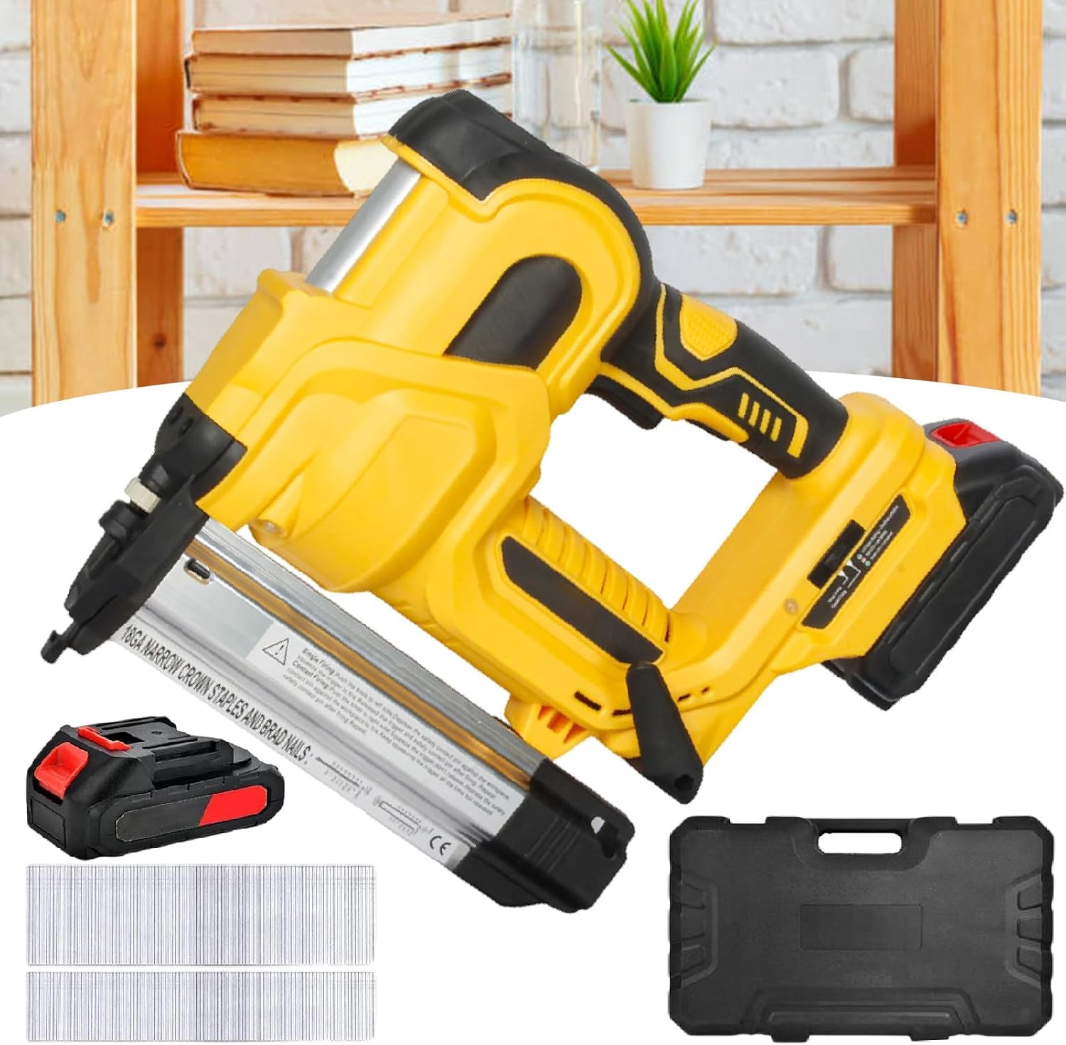 Brad Nailer Cordless,Electric Nail Nailer,for DIY Project of Upholstery&Woodworking,U-Shaped Nail/Straight Nail,Dual Led Indicators,with Gloves,1 Battery&400 Nails,Yellow