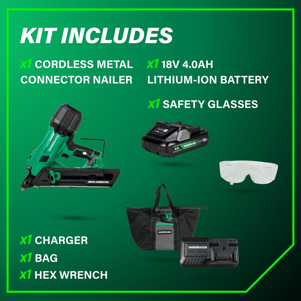 Metabo HPT 18V MultiVolt Brushless 1-1/2' Metal Connector Nailer, Cordless Air Spring Nailer with 18V 4.0Ah Battery, Lightweight Design, 600 Nails Per Charge, Sequential Actuation, NR1838DKA