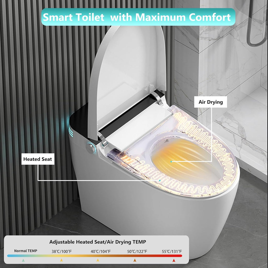 Smart Toilet with Bidet Built In, One-piece Heated Bidet Toilet Seat, Foam Sheild Deodorization, Foot Sensor Flushing, Multi-Functional Remote Control, Night Light, LED Display, Black