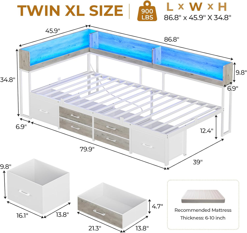 MSmask 14 Inch Corner Bed Frame with Bookcase Storage, Twin XL Daybed with 6 Drawers, Charging Station and LED Light, Twin XL Size Metal Platform Bed Frame for Kids Teenagers, White & Oak Grey