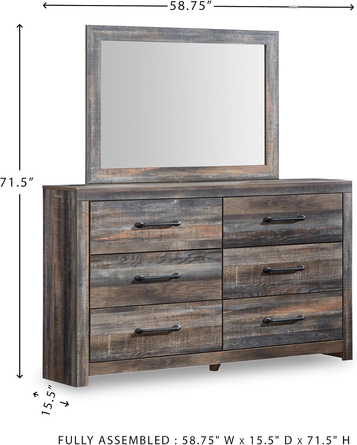 Signature Design by Ashley Drystan Rustic Smooth-Gliding 6-Drawer Dresser and Mirror with Safety Stop, Gray & Dark Brown