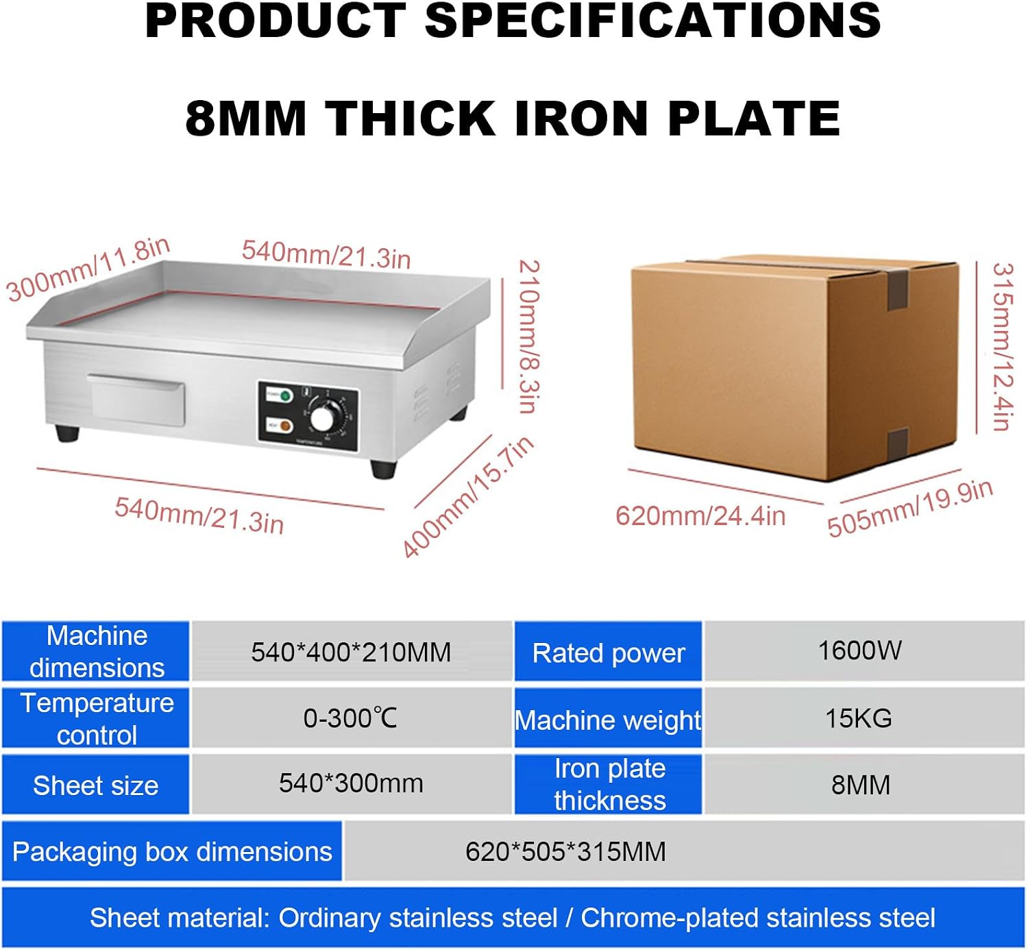 Commercial Electric Griddle, 3000 W Nonstick Stainless Steel Electric Griddle, Stainless Steel Countertop Grill with Flat Surface, 8mm thick iron plate, For Camping, Commercial 54 * 40 * 21CM