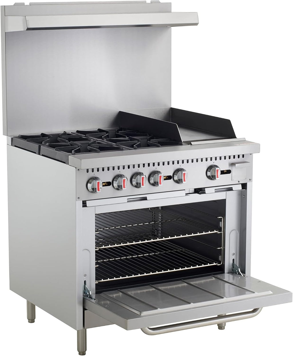 Kratos Commercial Gas Range, 36' Wide with 12' Griddle, 4 Burners, and 1 Standard Oven, Natural Gas (29Y-173-NAT)