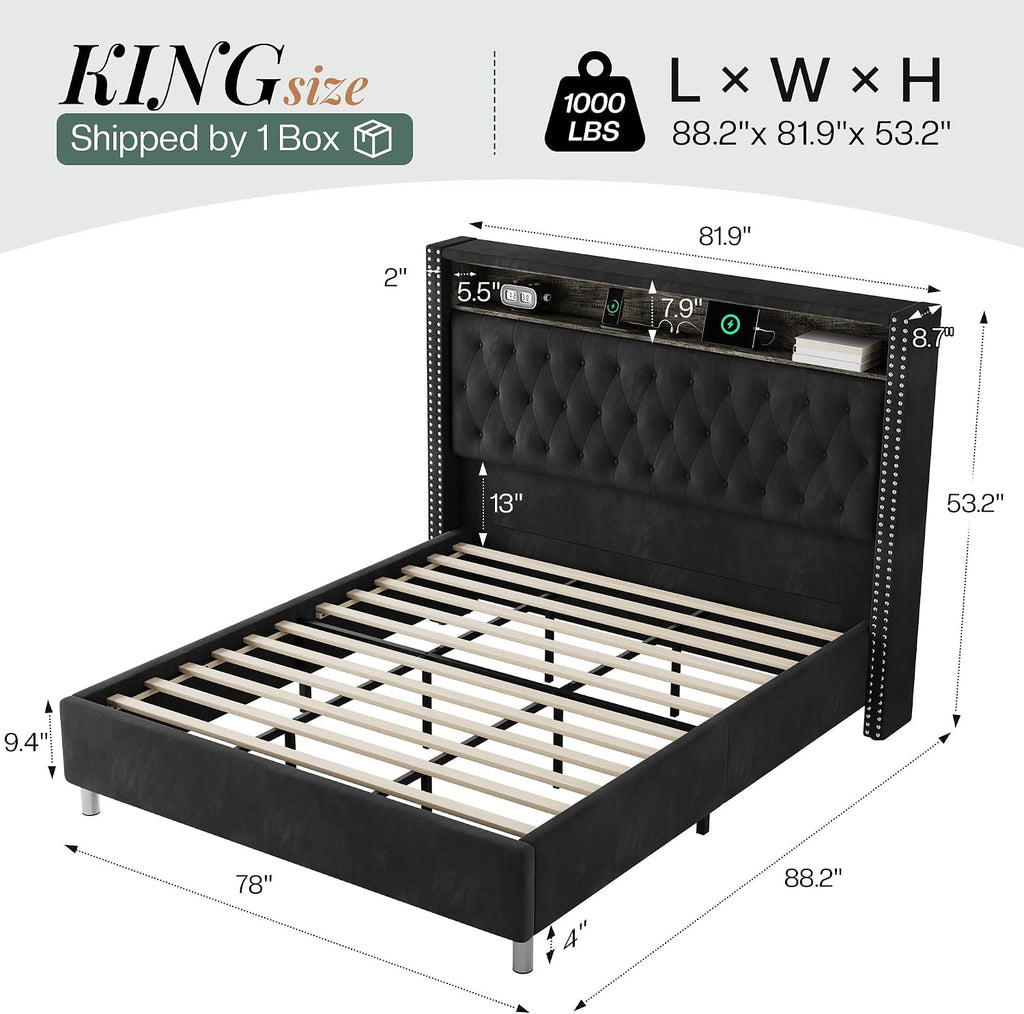 Jocisland 53.2'' King Size Bed Frame with Tall Storage Headboard, LED Lights & Charging Station, Velvet High Upholstered Button Tufted Wingback Platform Bed, No Box Spring Needed, Black