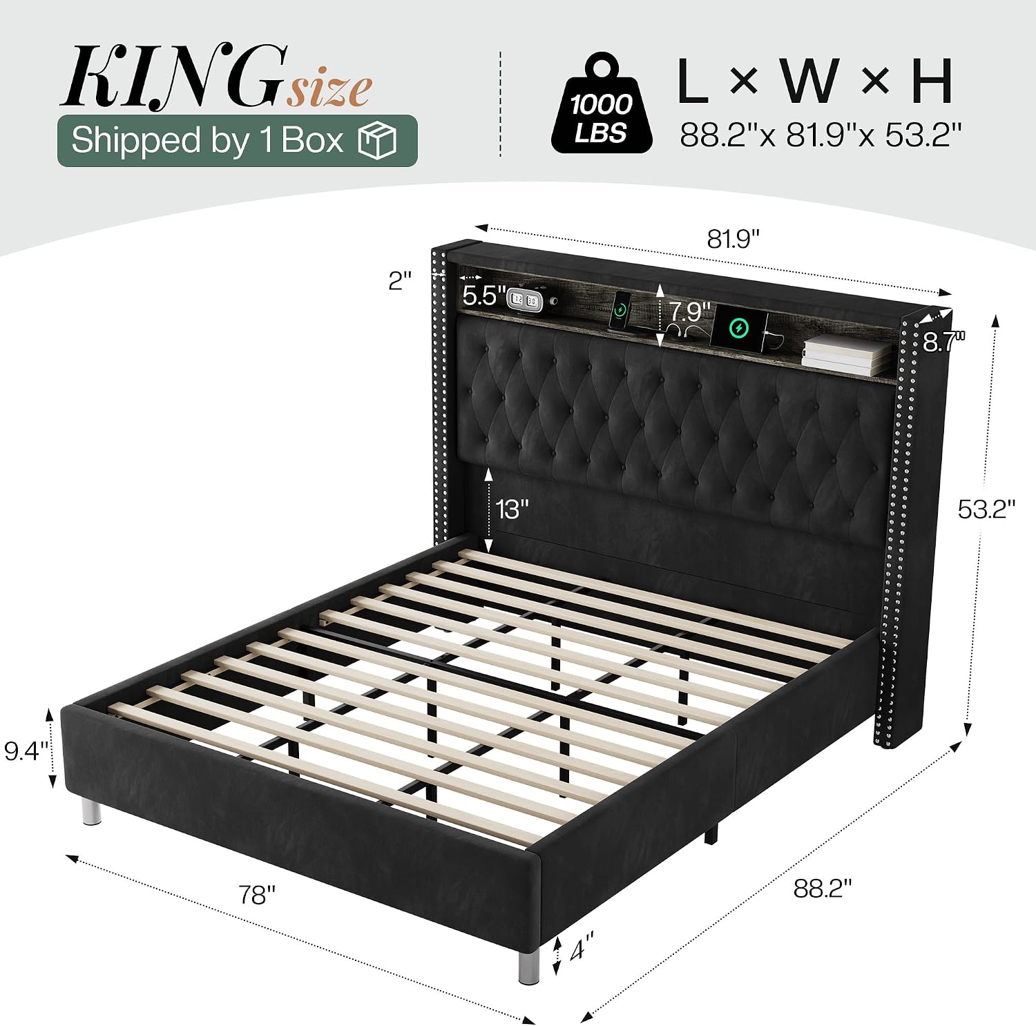 Jocisland 53.2'' King Size Bed Frame with Tall Storage Headboard, LED Lights & Charging Station, Velvet High Upholstered Button Tufted Wingback Platform Bed, No Box Spring Needed, Black