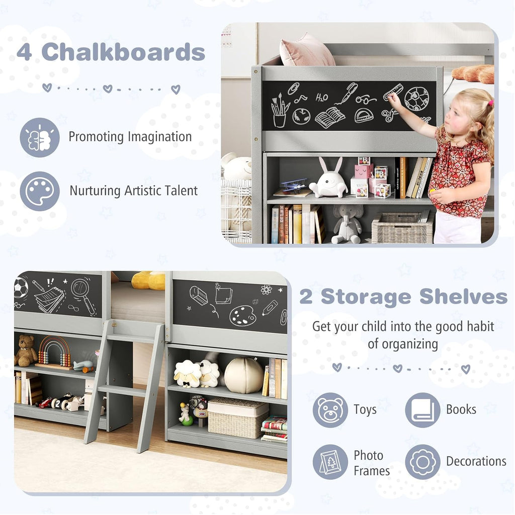 Giantex Low Loft Bed Twin Size, Wooden Loft Bed with Ladder & Blackboard, Twin Bed Frames for Kids with Storage 2 Bookcases and Play Space, Grey