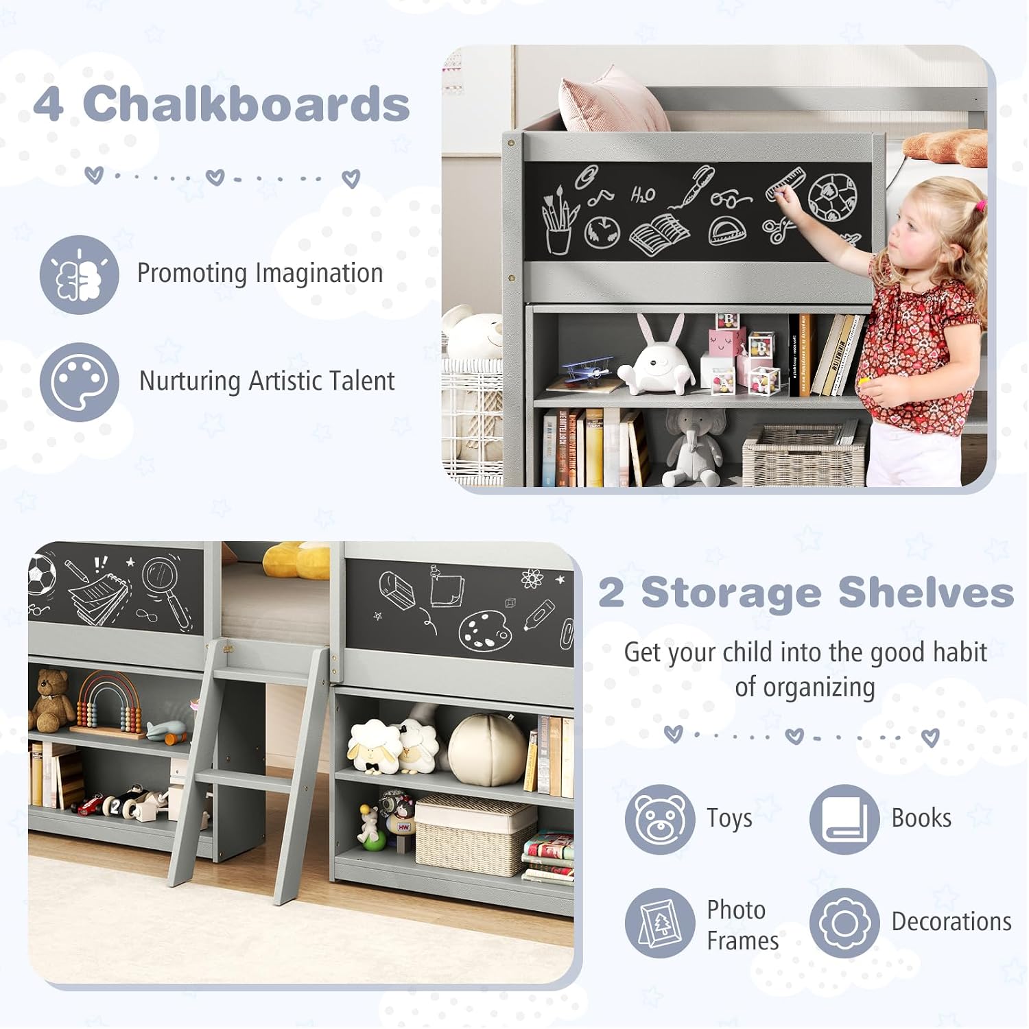 Giantex Low Loft Bed Twin Size, Wooden Loft Bed with Ladder & Blackboard, Twin Bed Frames for Kids with Storage 2 Bookcases and Play Space, Grey