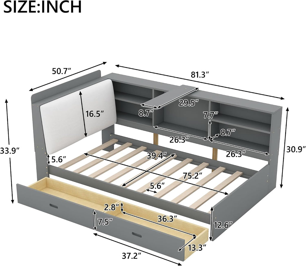Harper & Bright Designs Wood Daybed Frame with Shelves & Drawers & Storage Upholstered Headboard,Twin Size Floor Corner Sofa Bed with Rotatable Storage Board for Bedroom Living Room,Space Saving,Gray