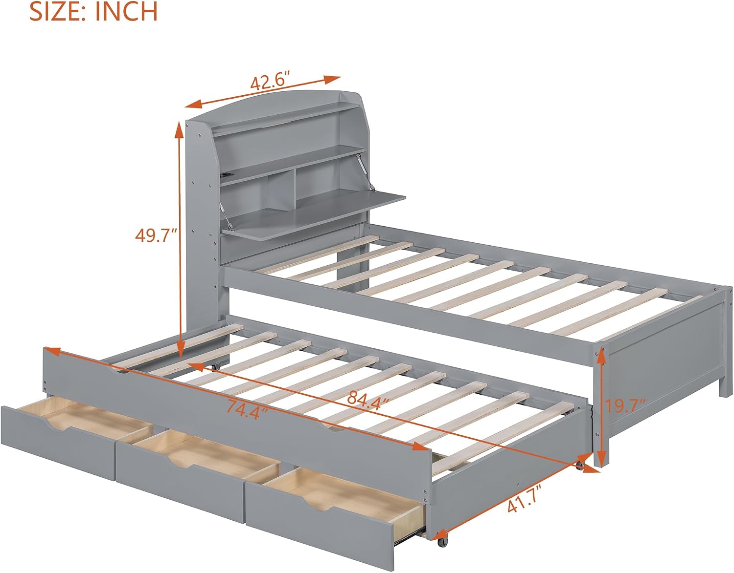 Bellemave Twin Size Wooden Platform Bed with Trundle & LED Storage Headboard - 3 Drawers, Wood Twin Captain Bed with USB Outlets and Hidden Flip-Up Compartment for Kids Teens Boys Girls (Gray)