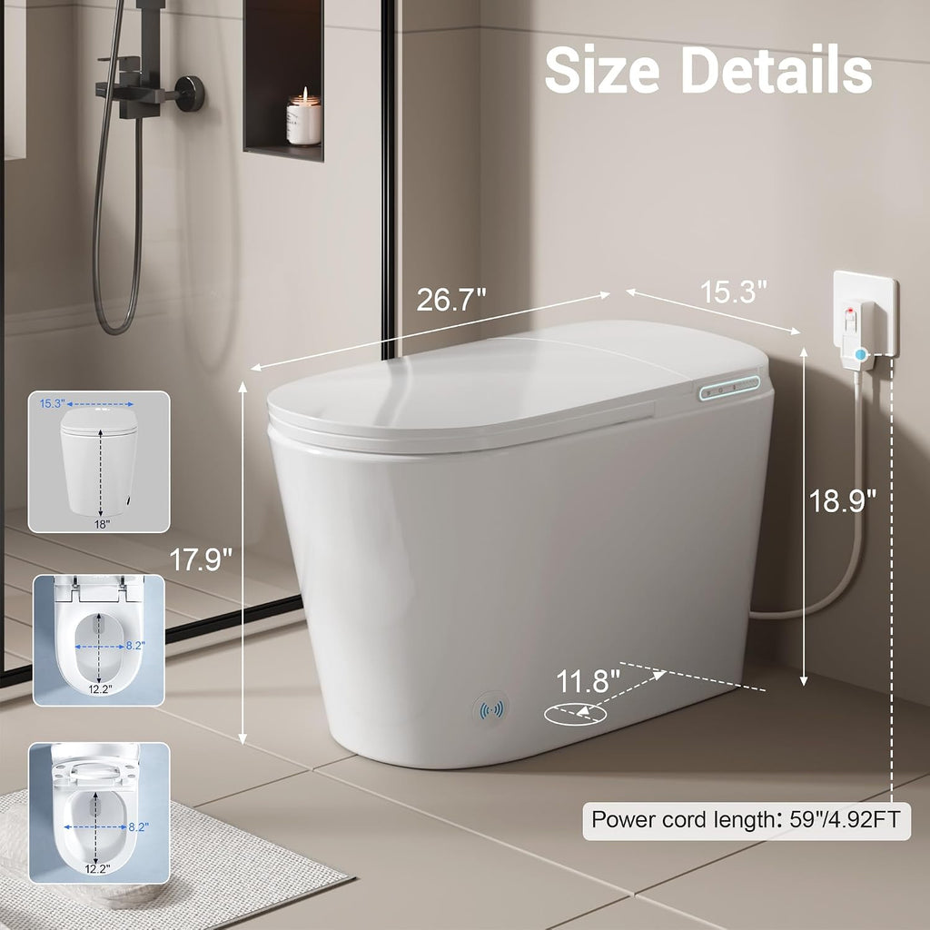 Smart Toilet with Bidet Built in, Modern Tankless Toilet for Bathroom with Heated Seat and Night Light, One Piece Toilets with Soft Close, Dryer, Foot Sensor, Auto Lid&Seat/Dual Auto Flush