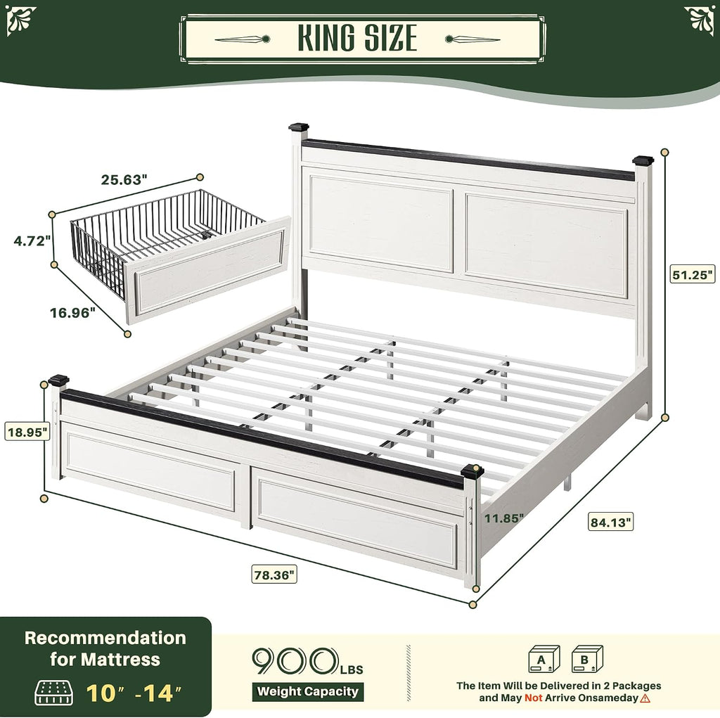 Homkdom Farmhouse King Size Bed Frame, 51' Tall King Bed Frame and Headboard, Bed Frame with 2 Storage Drawers, No Box Spring Needed, White