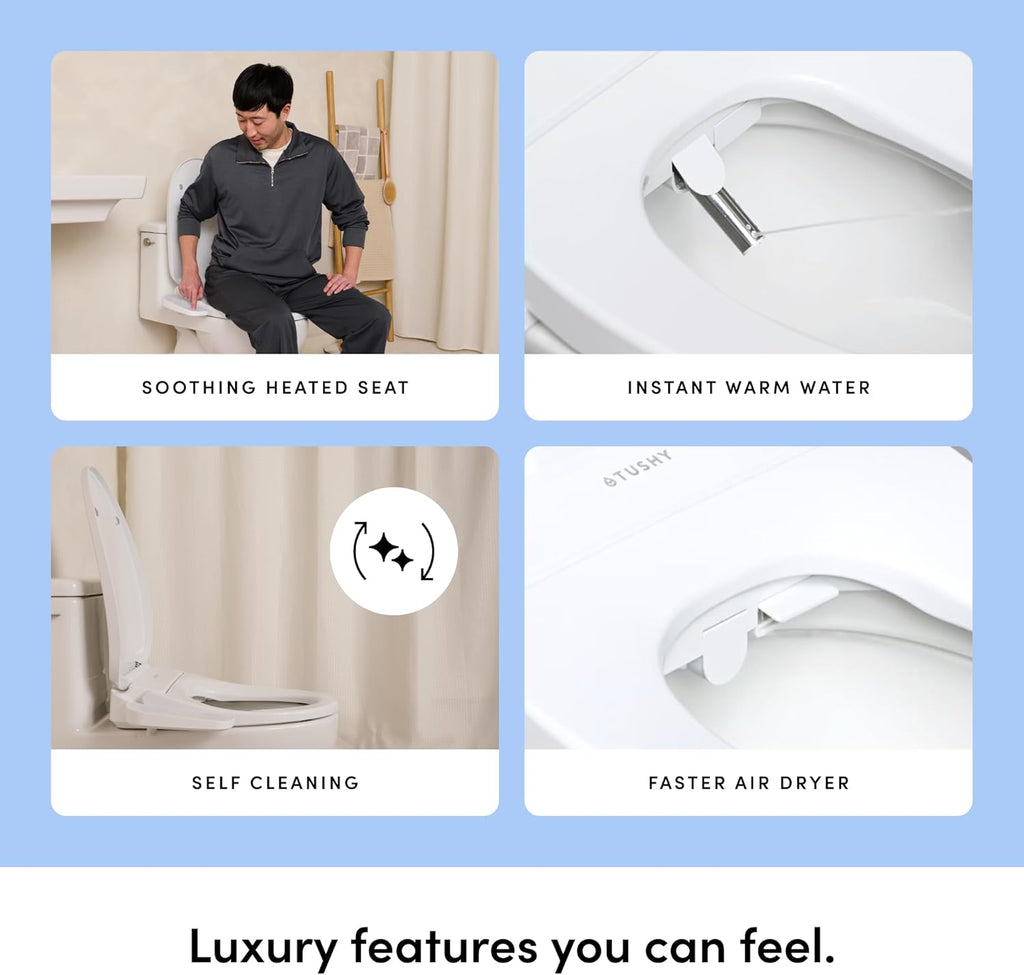 TUSHY Cloud Electronic Bidet Heated Toilet Seat: Instant Warm Water, Adjustable Air Dryer, Soft Close Lid and Seat & Night Light (Self Cleaning Nozzle and Water Filter), Elongated