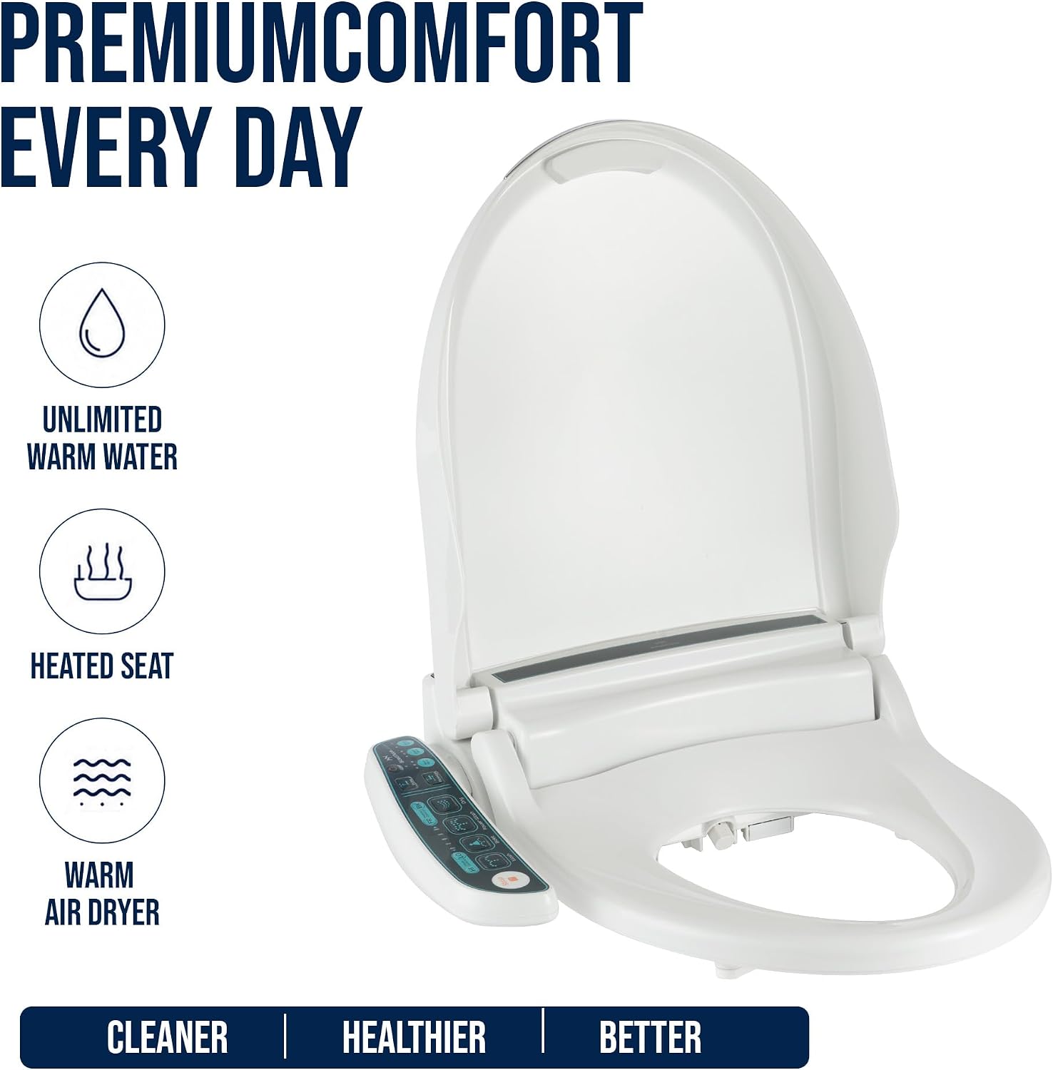 BidetMate Electric Bidet Toilet Seat 2000 Series, Unlimited Heated Water, Side Controls, Deodorizer, Warm Air Dryer, Self-Cleaning Nozzle, Elongated ABS Seat, Adjustable Wash Modes
