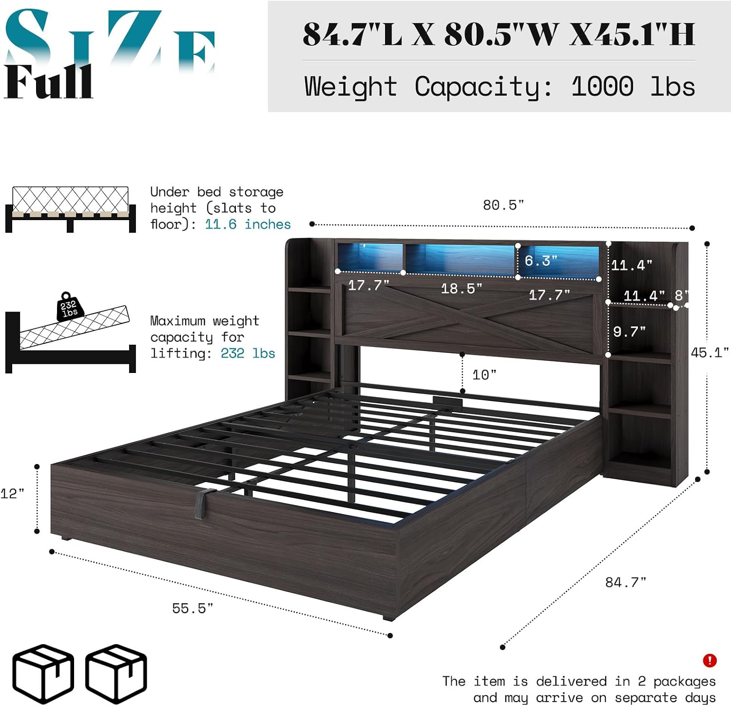 AMERLIFE Full Size Lift Up Storage Bed Frame, 45.1' LED Bed Frame with 2 Side Shelf & Bookcase Headboard, Farmhouse Wood Platform Bed with Charging Station, No Box Spring Needed, Black