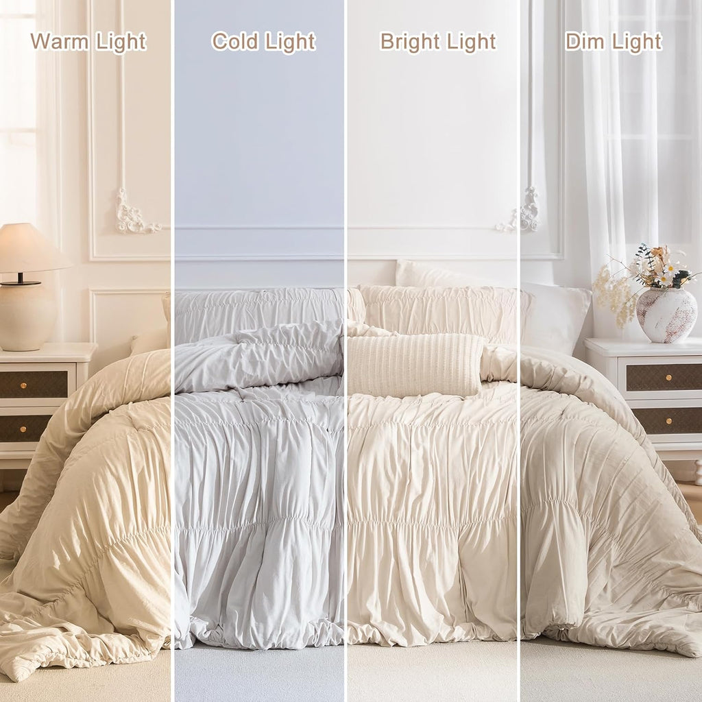 Masaca Oversized King Comforter(120'x98'),Wheat Ruched Ruffle Bedding Comforter Set,3 Pieces Lightweight California King Farmhouse Shabby Boho Chic French Country Bedding Set for All Season