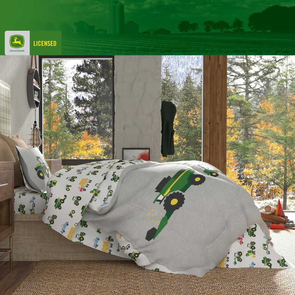 Franco Kids John Deere Farm Equipment Bedding 5 Piece Super Soft Comforter and Sheet Set, Queen, (Officially Licensed Product)