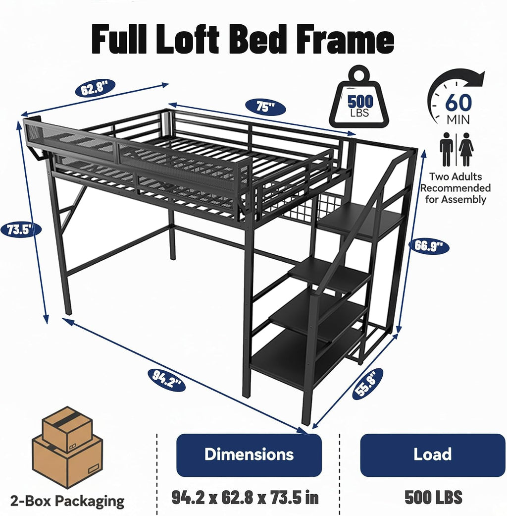 Full Size Loft Bed with Stairs and LED Light, Metal Loft Bed Frame with Shelf for Adults, Tall Loft Beds with Storage Shelves and Wardrobe for Kids Boys Girls Teens, Convertible Staircase, Black