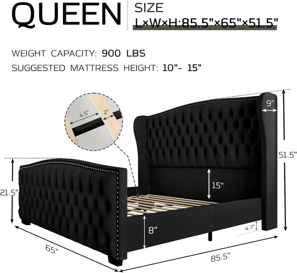 LUXOAK Queen Platform Bed Frame with Wingback Headboard, Velvet Upholstered Bed Frame with Handmade Button Tufted & Nailhead, Wooden Slats Support, Black